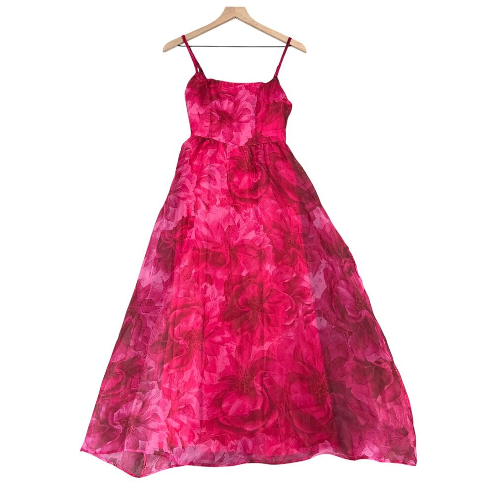 Lulus Floral Midi Dress XS Pink Organza Lace Up Back Lined Sleeveless Party EUC - Picture 2 of 12